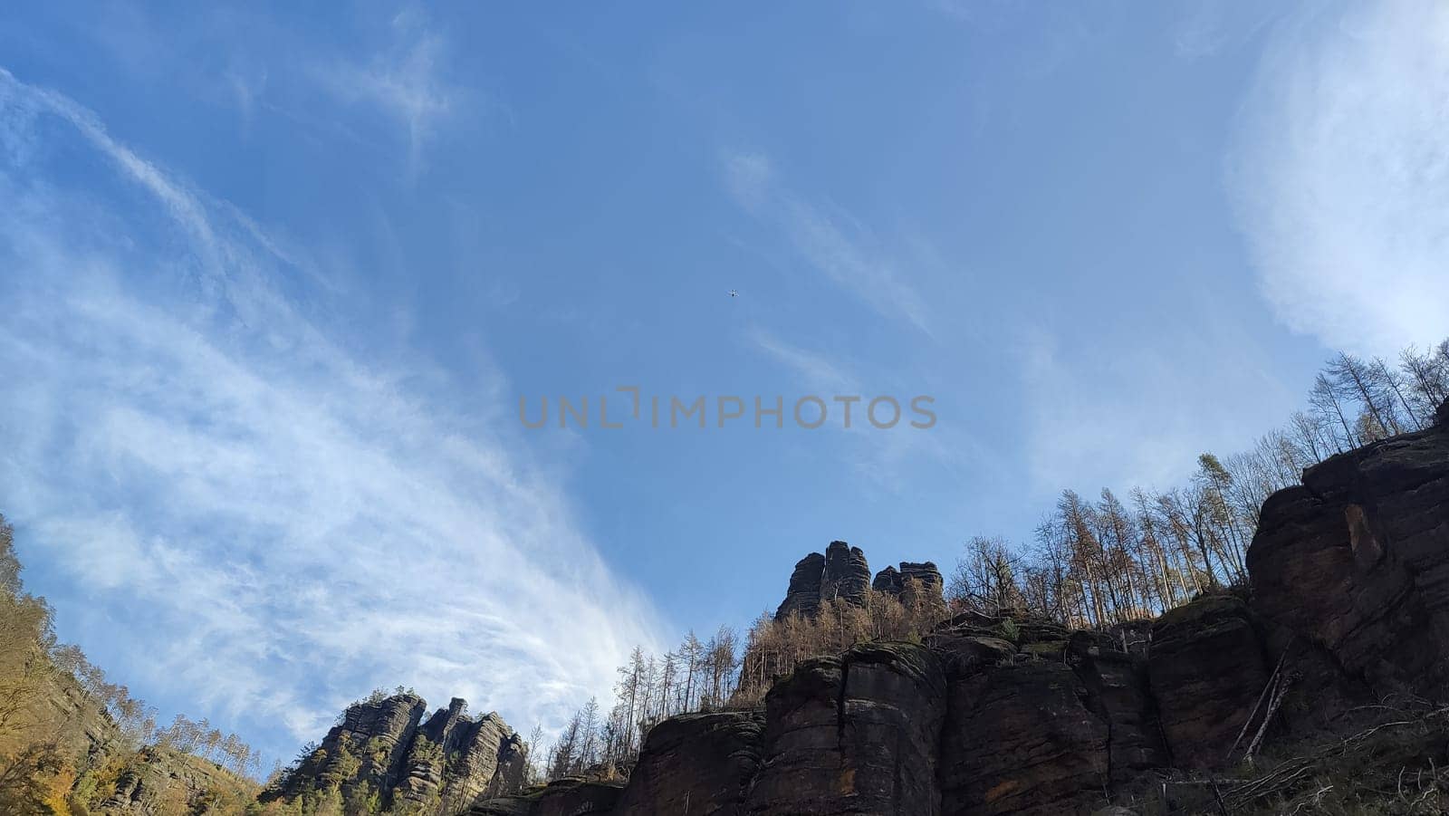 green nature summer autumn day rock forest travel trees landscape park background blue sky . High quality photo