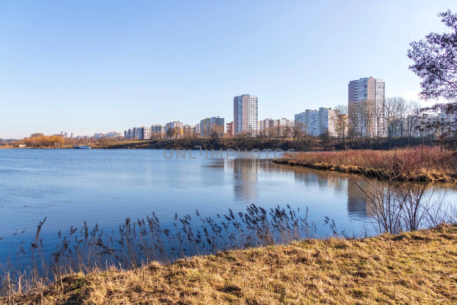 Shot of the modern city on the bank of the river