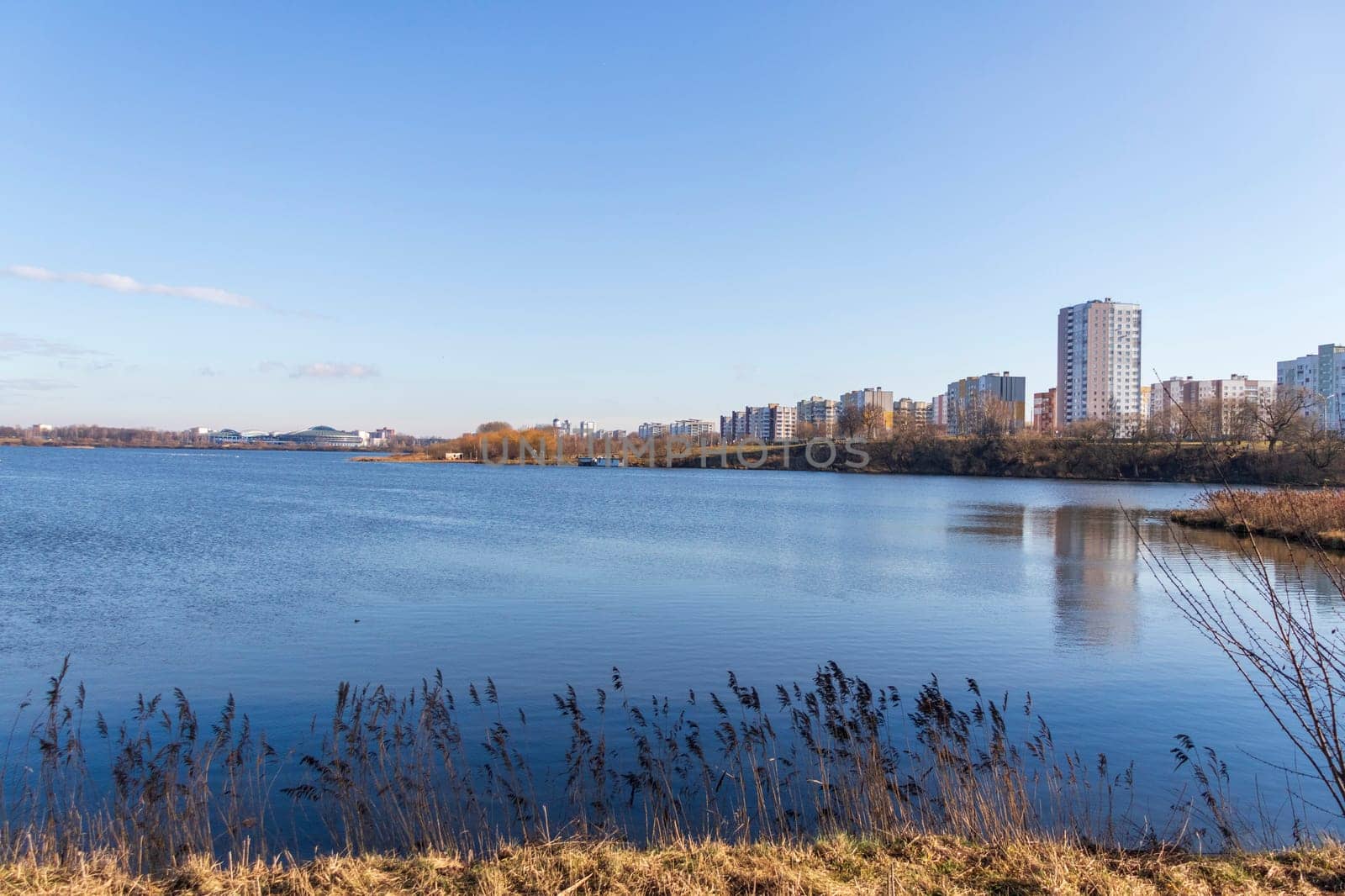 Shot of the modern city on the bank of the river