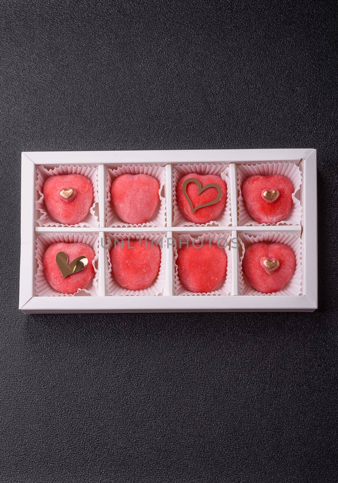Delicious sweet mochi in the shape of red hearts for the holiday of Valentine's Day