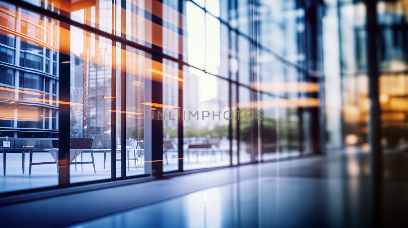 Sunlight streams through expansive windows in a contemporary office environment, highlighting sleek design and an urban view of outdoor seating areas - Generative AI