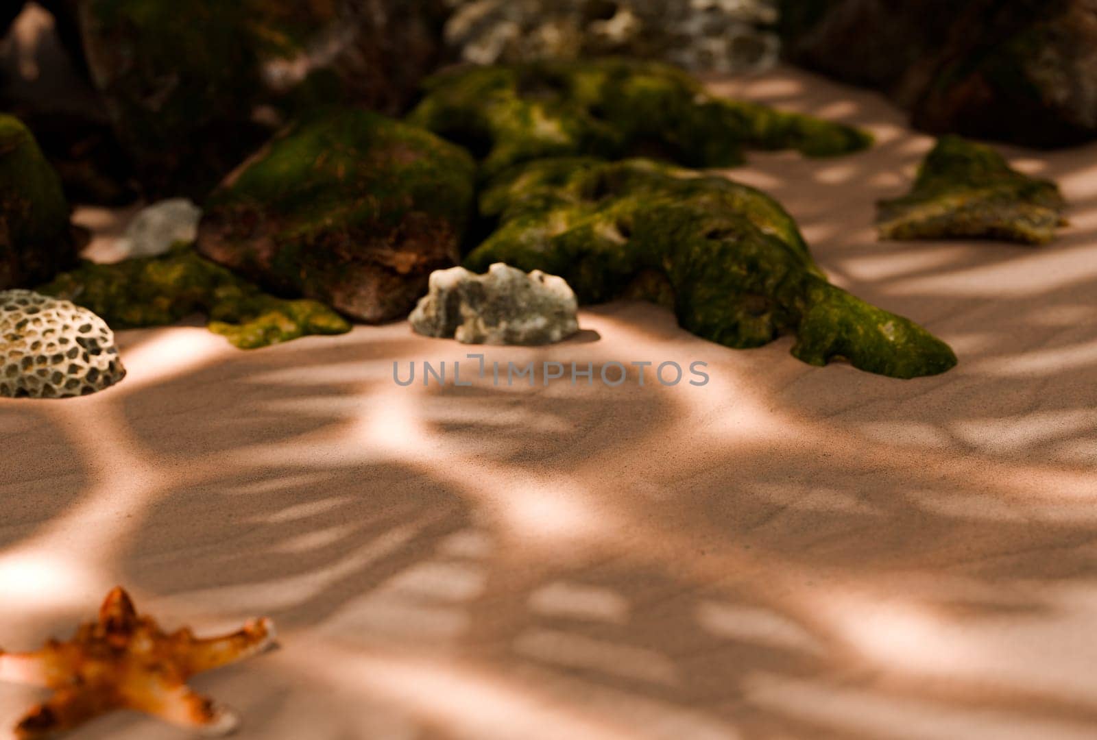 Sea Stones On Sand Beach, 3D illustration Background for advertising and wallpaper in nature and advertising scene. 3D rendering in decorative concept 