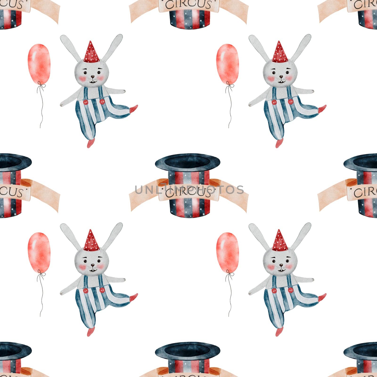 Circus watercolor pattern. Hand drawn cute animal on isolated white background. Clip art bunny and magician's hat. Perfect for textiles and attributes for baby shower and birthdays. High quality illustration