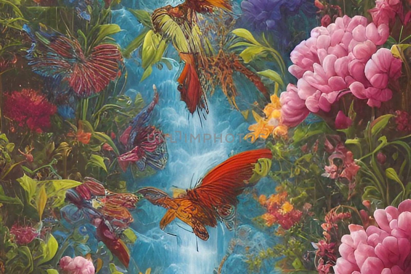 pink flowers waterfall nature spring art blue green illustration generated ai alt . High quality illustration