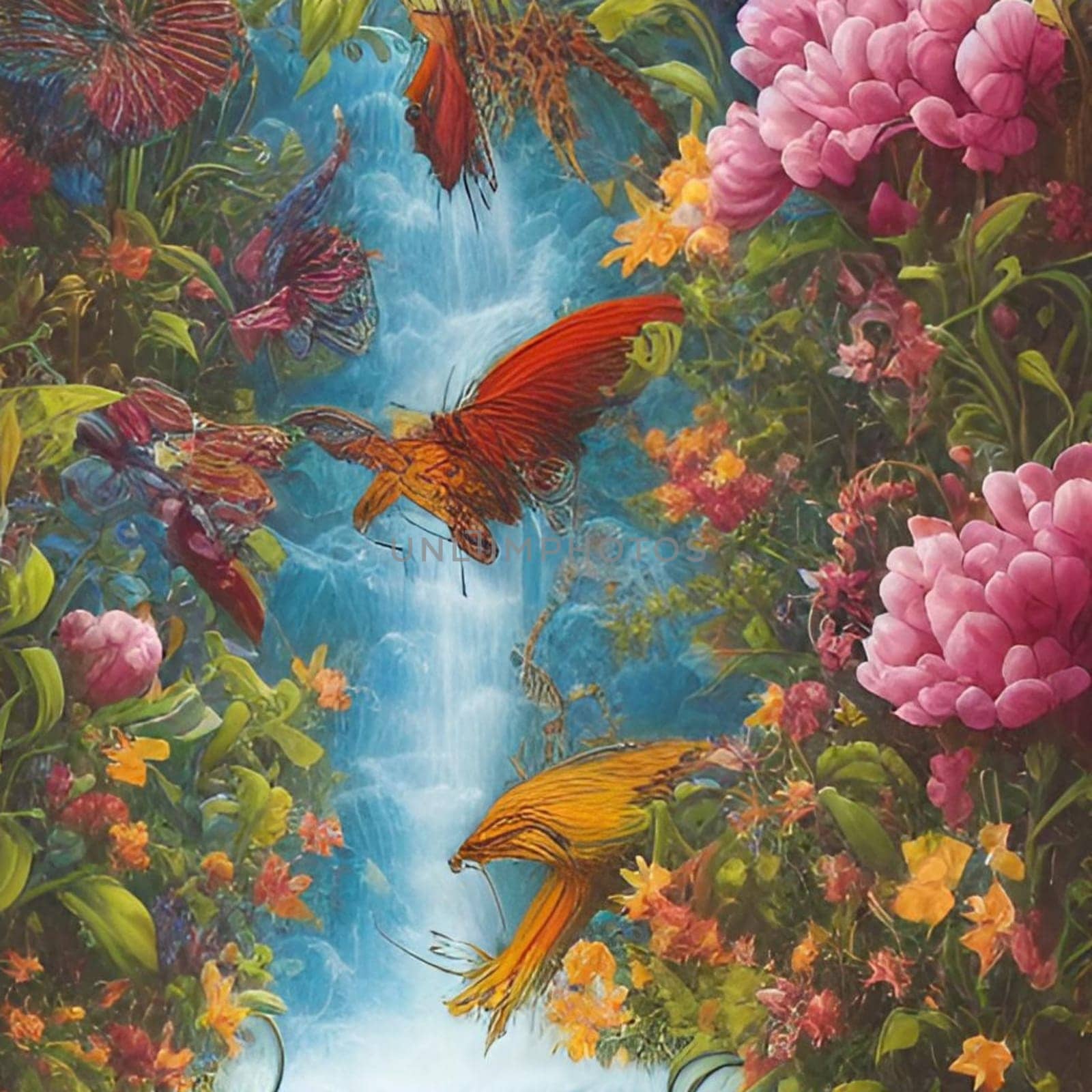 pink flowers waterfall nature spring art blue green illustration generated ai alt . High quality illustration