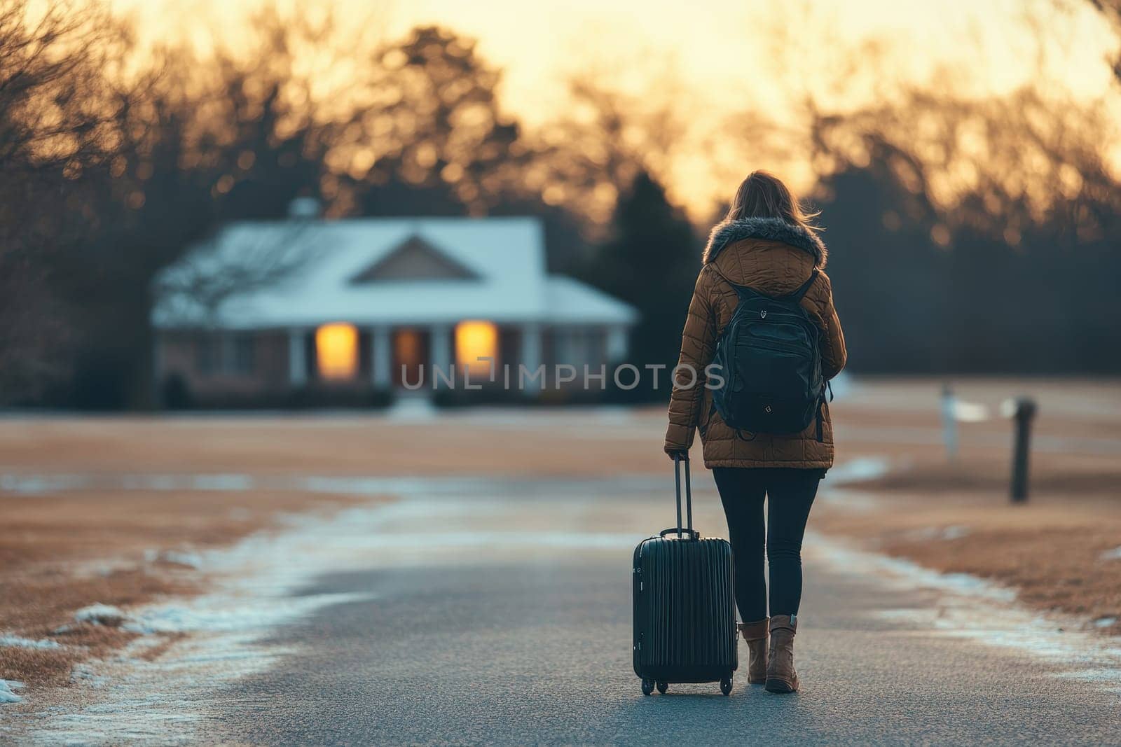 A joyful scene captures a traveler approaching home, suitcase in hand, against a tranquil sunset backdrop, embodying warmth and anticipation of reunion.