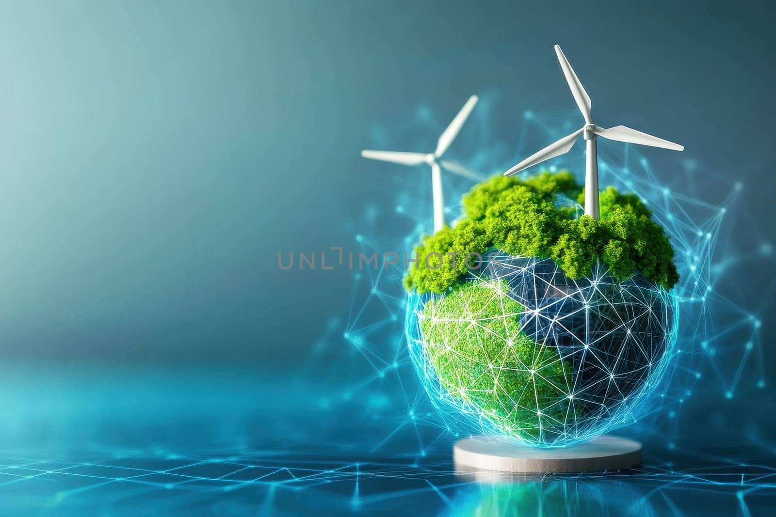 A stunning futuristic globe adorned with vibrant neon energy currents and wind turbines nestled in lush greenery. This image symbolizes innovation and sustainability for a brighter future.