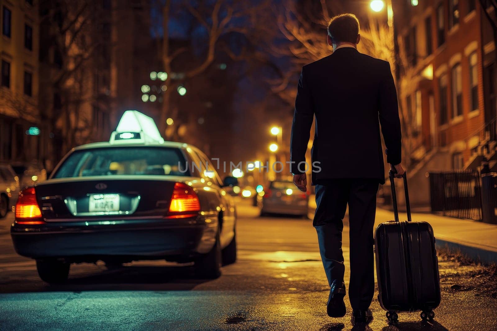 A businessman in a suit walks away from a taxi on a city street at night, pulling a rolling suitcase behind him. The scene is illuminated by city lights, creating an urban atmosphere.