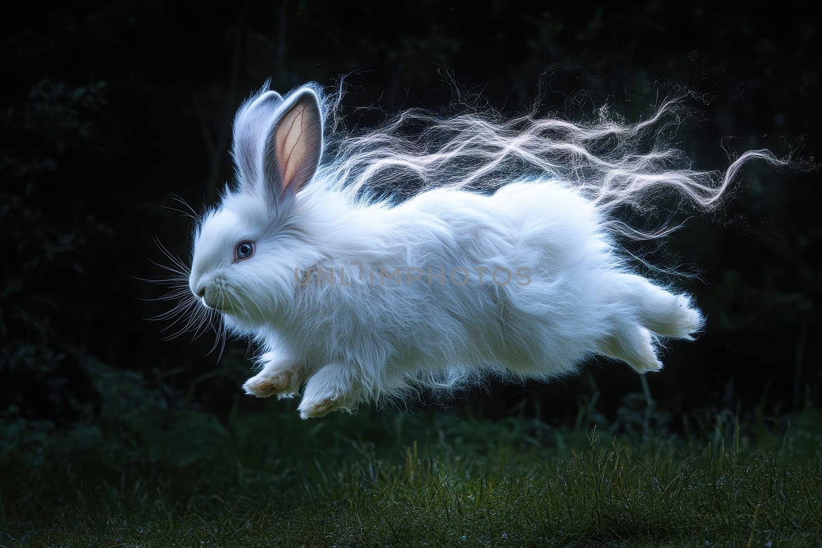 A captivating image of a white Angora rabbit mid hop in soft light. The ghostly aura surrounding this furry creature evokes an enchanting and dreamlike atmosphere.