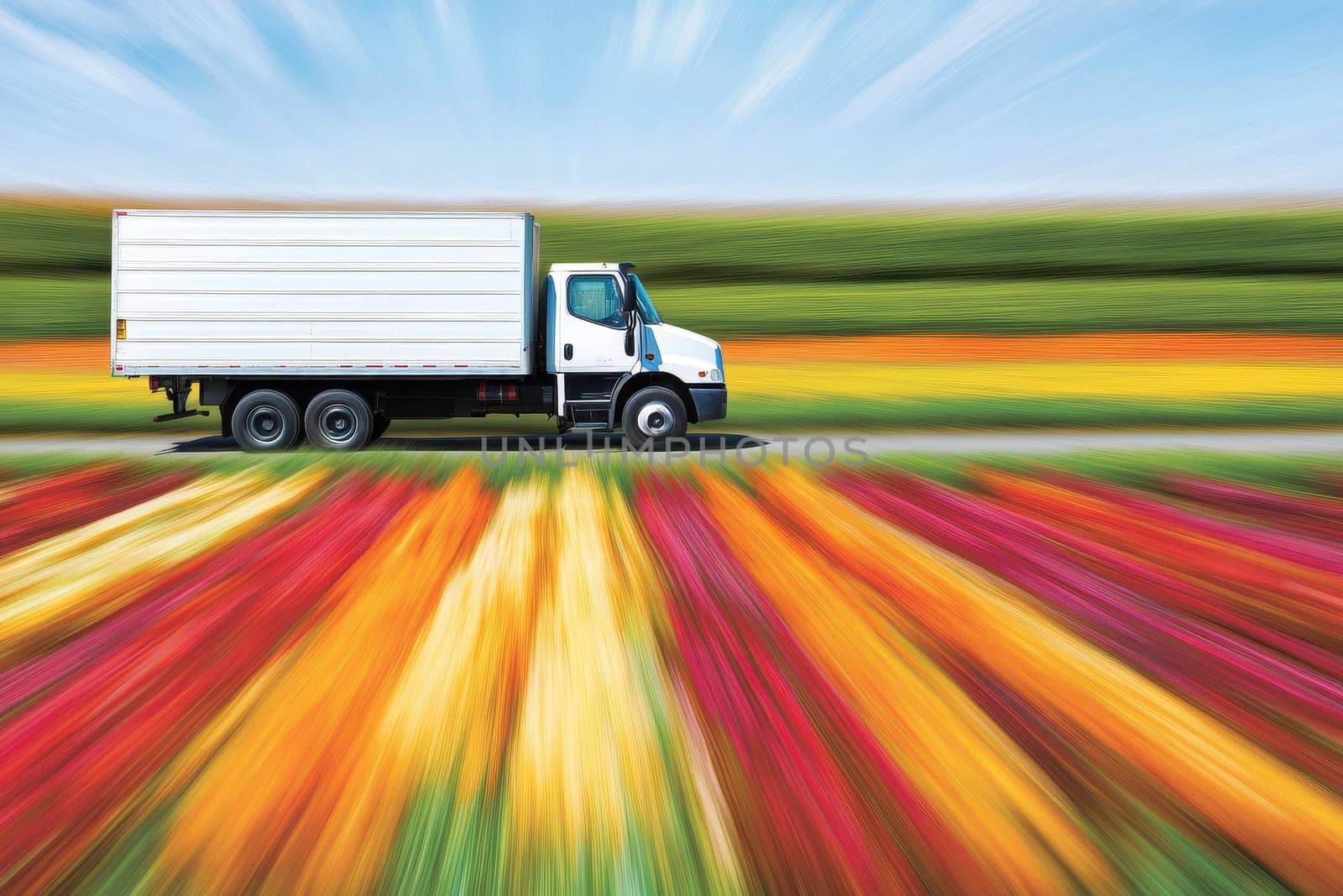 A modern delivery truck with aerodynamic curves speeds through a vibrant landscape of colorful flowers, symbolizing efficiency and innovation in logistics.
