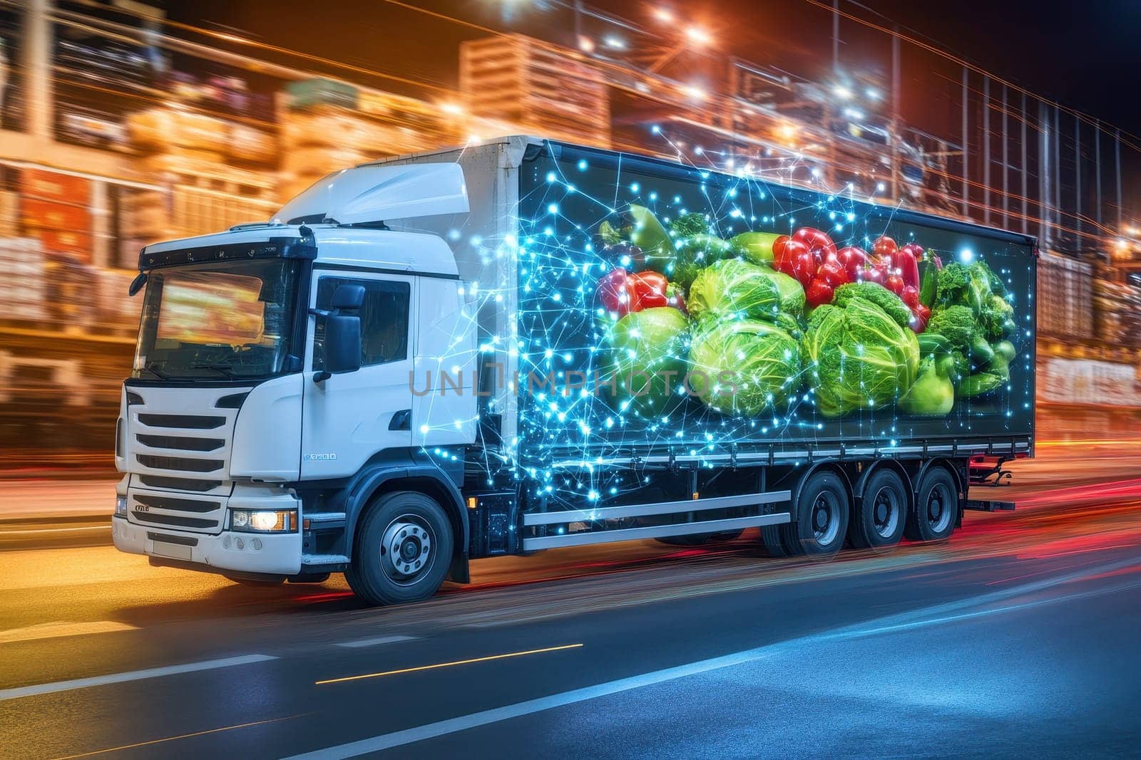 A futuristic truck showcases innovative logistics solutions with glowing visuals, representing the integration of AI technology in modern supply chains.