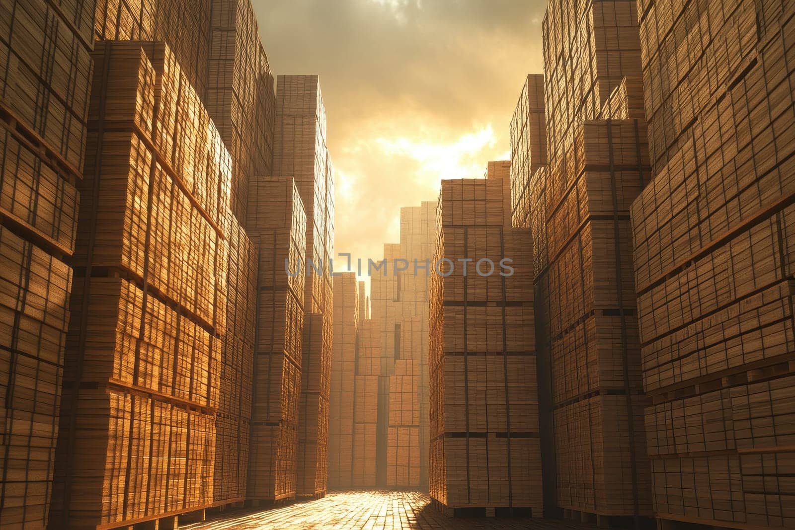 Explore a dramatic cityscape featuring towering structures made of stacked materials. This unique composition captures light and shadow, creating an atmospheric silhouette.