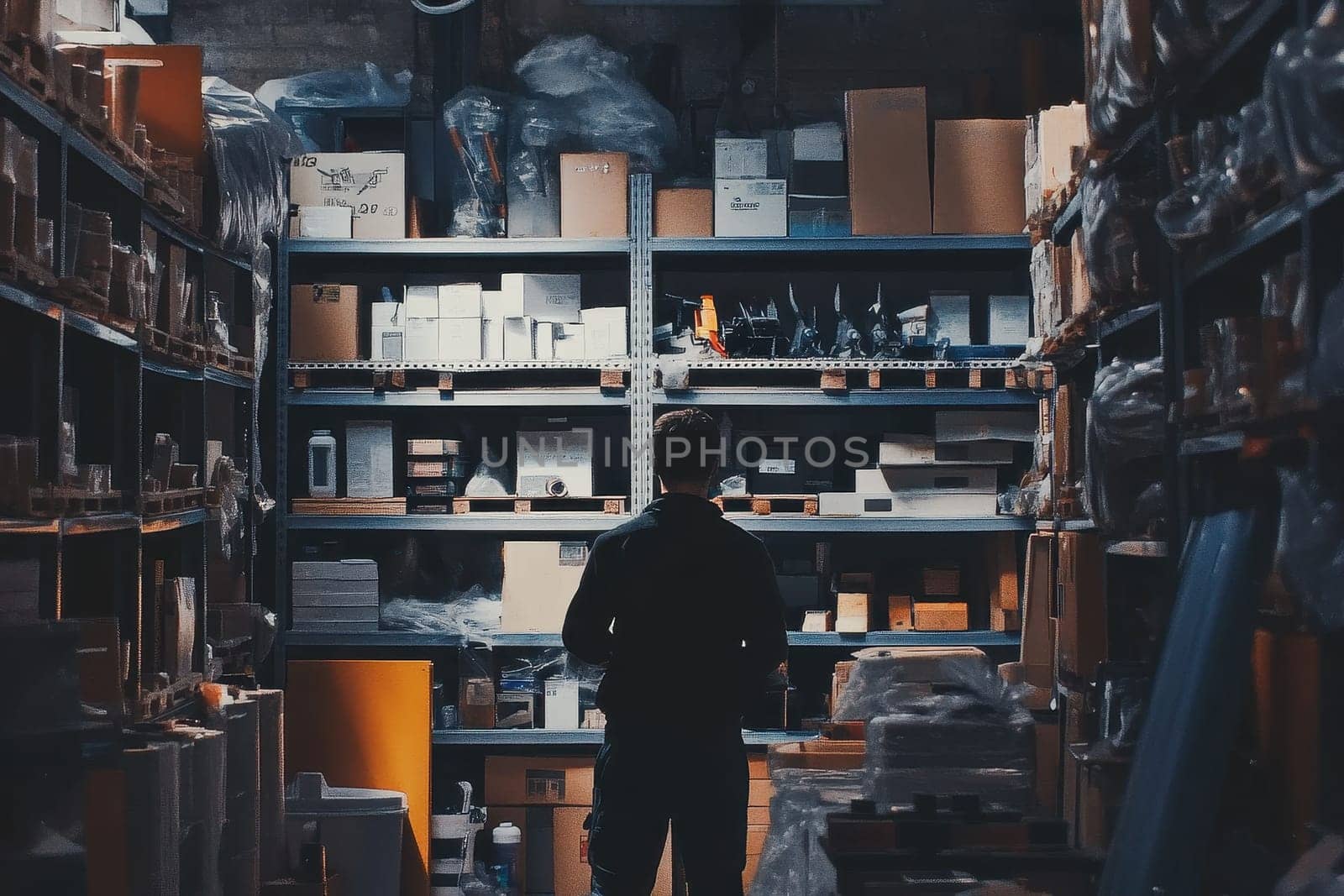 A worker stands in front of organized metal shelves filled with various items in a warehouse. The image captures the essence of inventory management and storage efficiency.