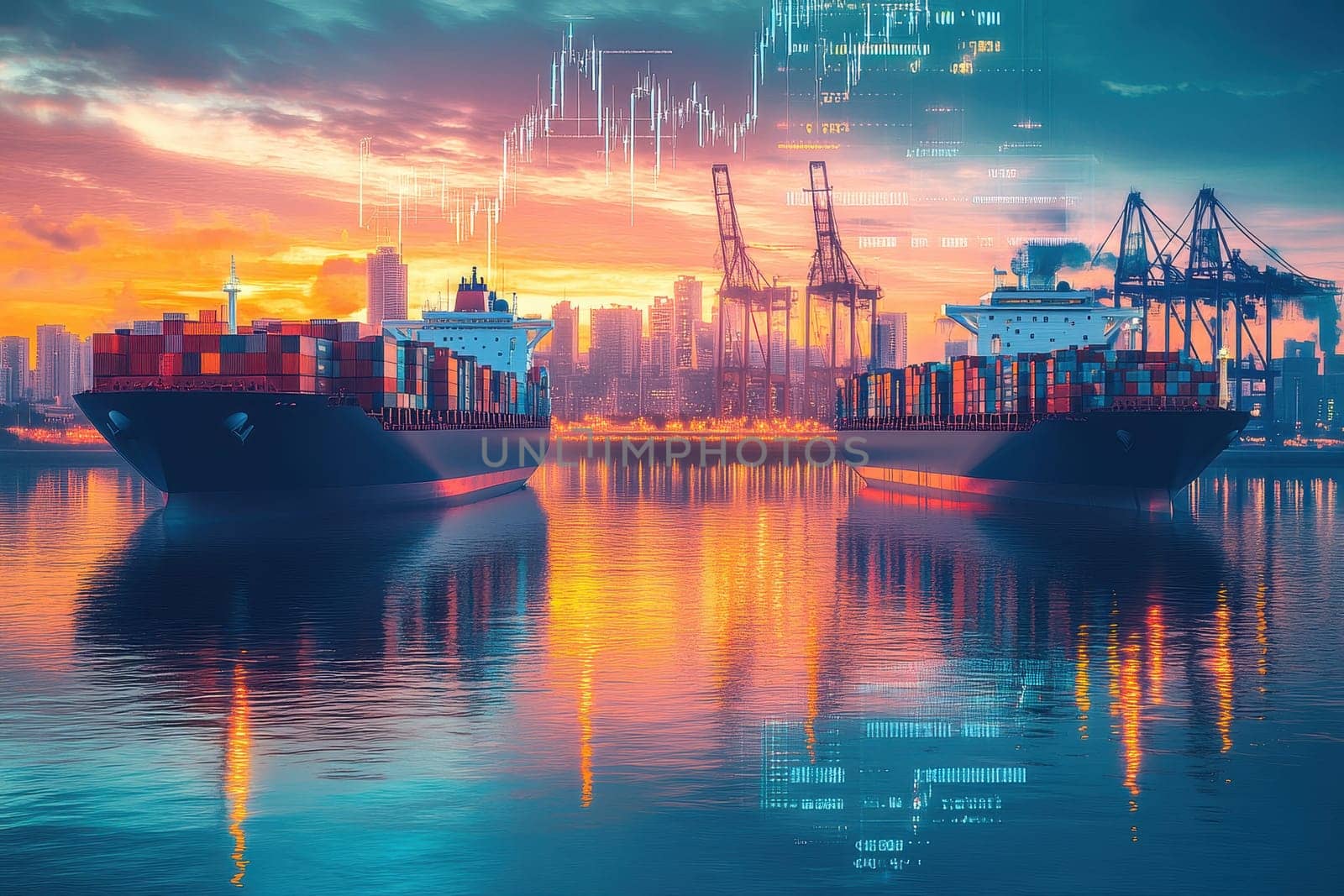 A surreal scene depicting cargo ships at sunset, integrated with stock market graphs, showcasing the blend of maritime trade and financial markets.