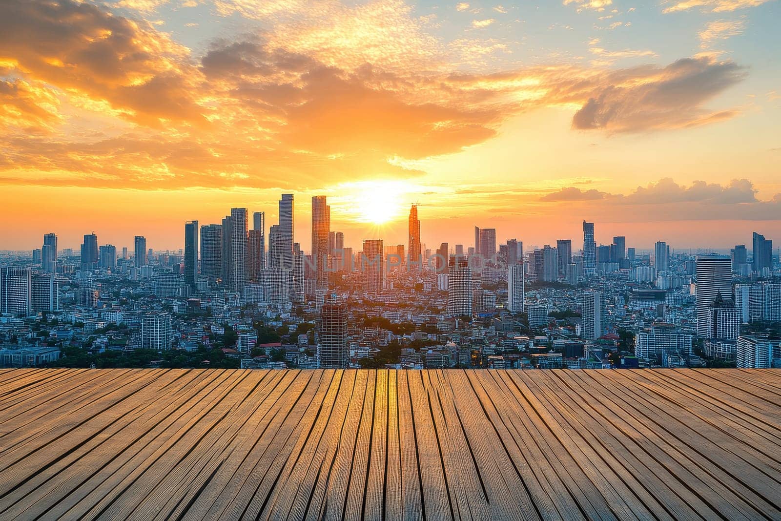 Experience a peaceful panoramic cityscape at sunrise, bathed in warm hues. The vibrant skyline is beautifully enhanced by golden light and fluffy clouds, creating a stunning scene.