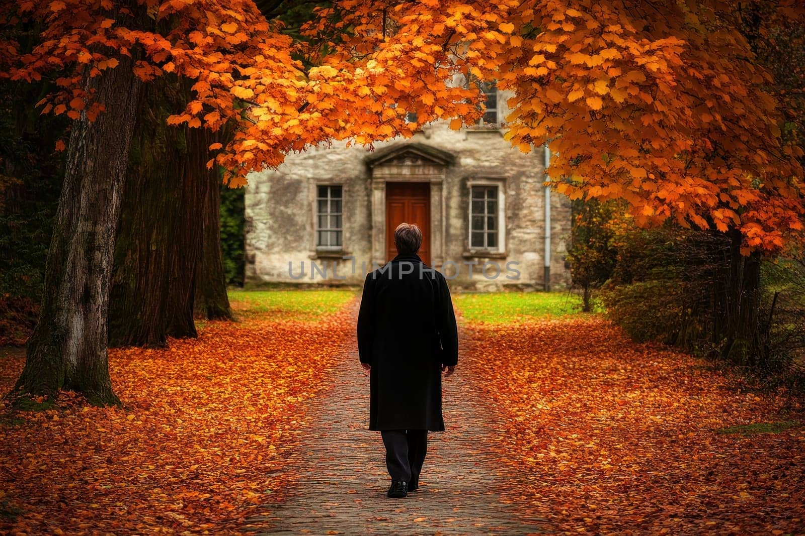 A solitary traveler walks down a picturesque path lined with vibrant autumn leaves. The quaint house in the background adds nostalgia to the serene landscape.