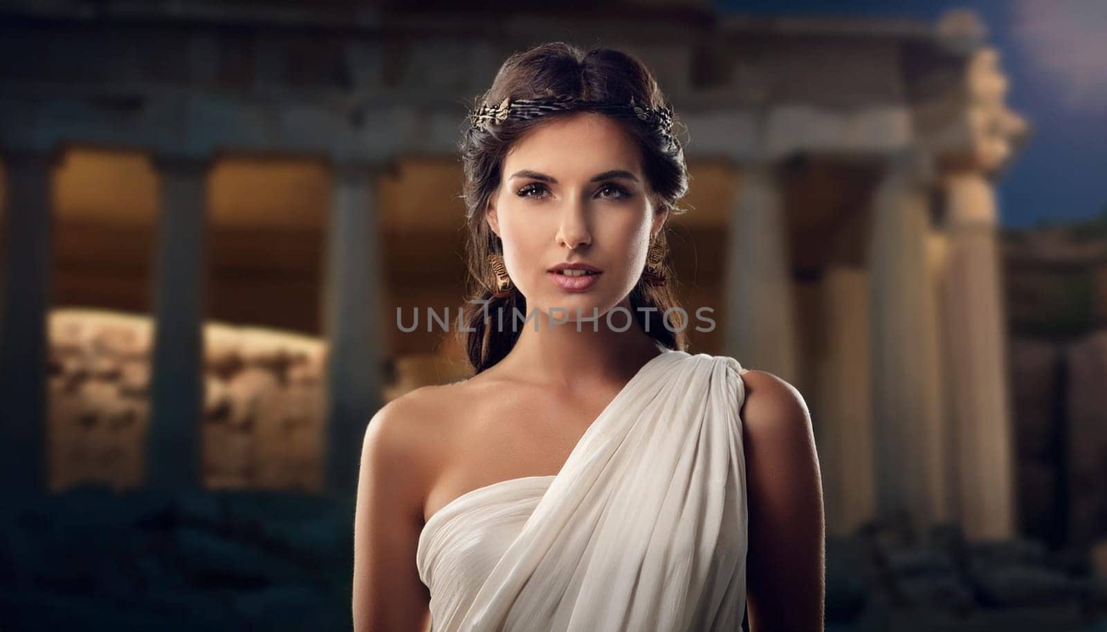 pretty young woman from ancient greece dressed in white, AI generated image