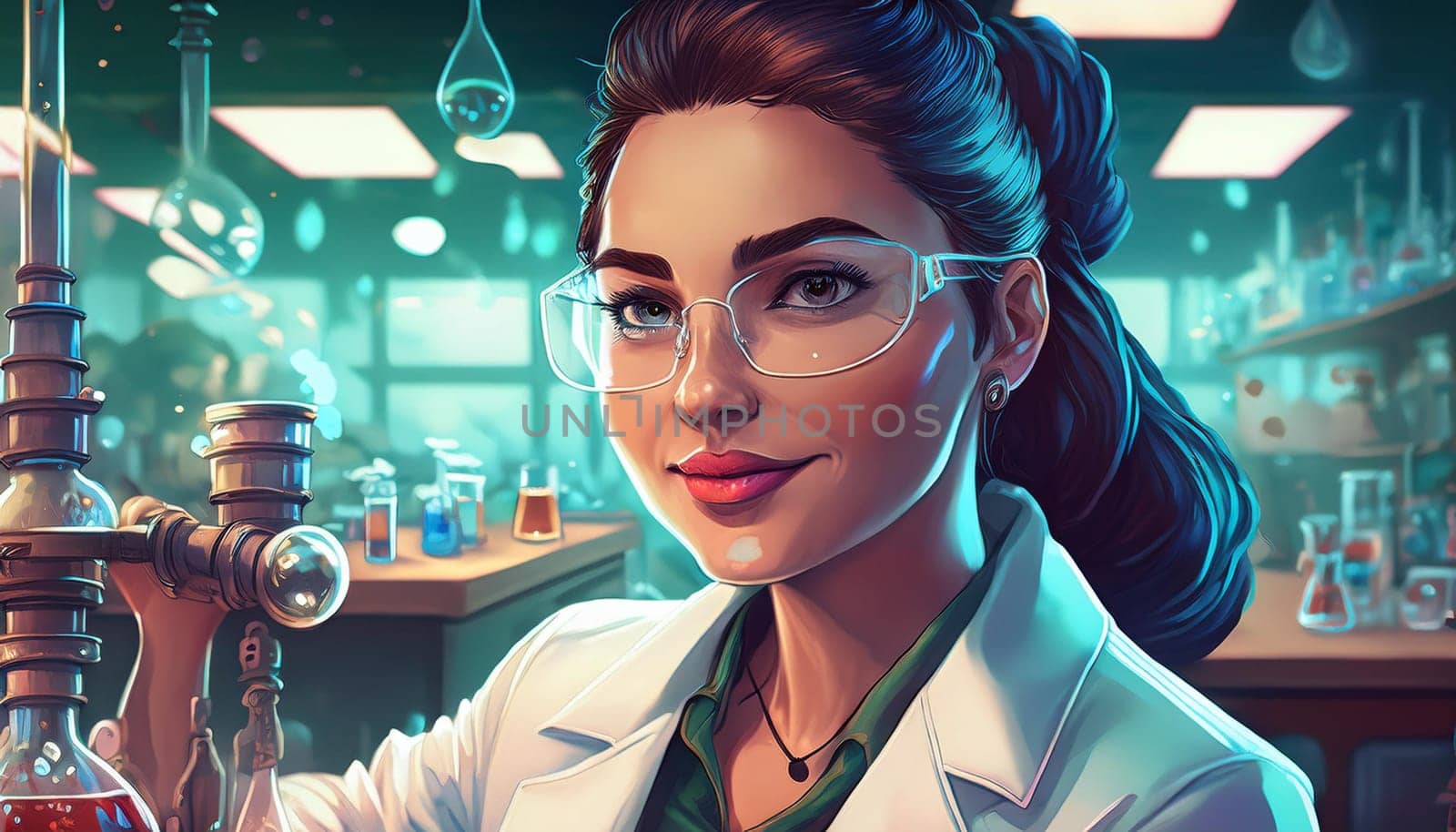 young female scientist in lab, AI generated image