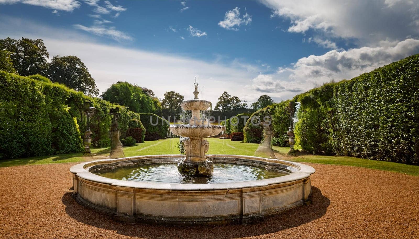ancient baroque fountain in garden park, AI generated image