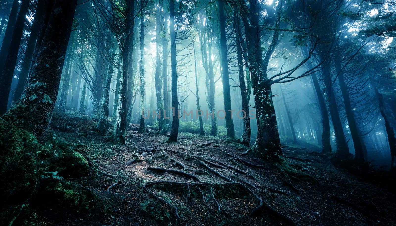 deep dark forest natural landscape scenery, AI generated image