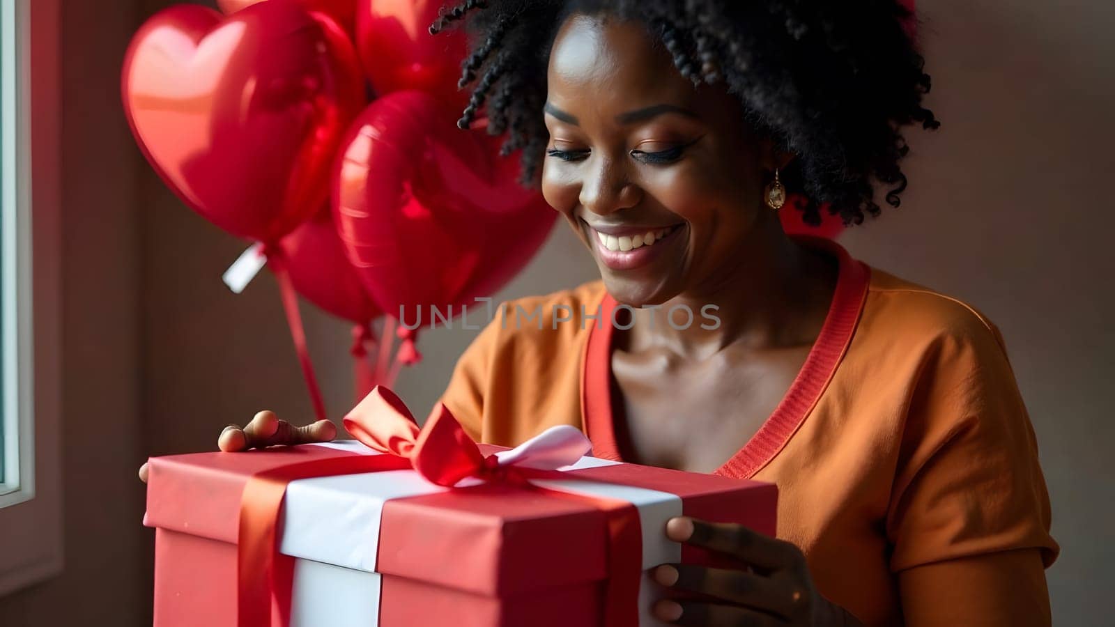 A dark-skinned woman carefully opens a jewelry box in a cozy interior featuring red and white decorative accents. High quality photo