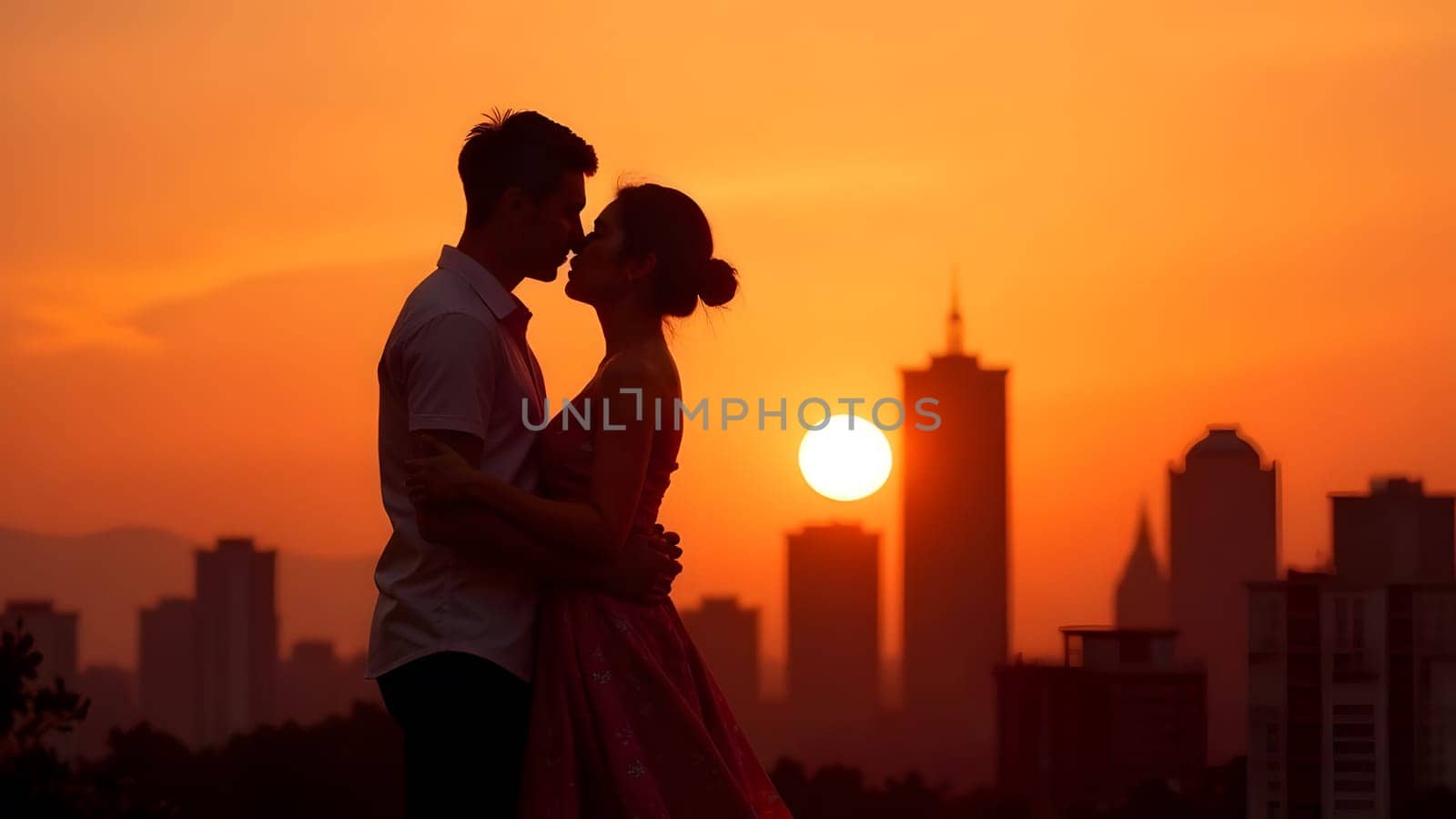 Love shines through as a chinese couple embraces in silhouette, framed by a breathtaking sunset. High quality photo
