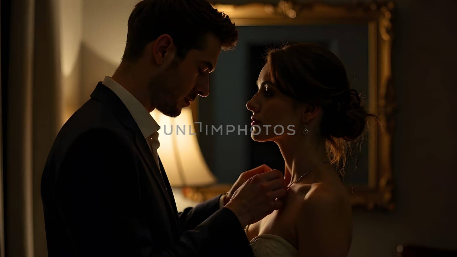 A man fastens a necklace on a womans neck in front of a mirror, with soft romantic lighting enhancing the moment. High quality photo