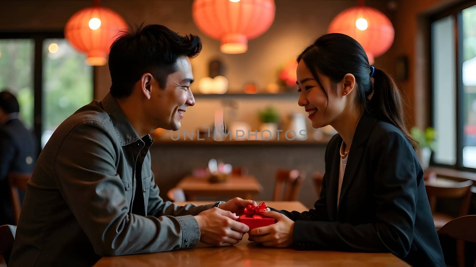 A romantic gesture unfolds as a man hands over a red box to a woman in a cozy cafe with smiles all around. High quality photo