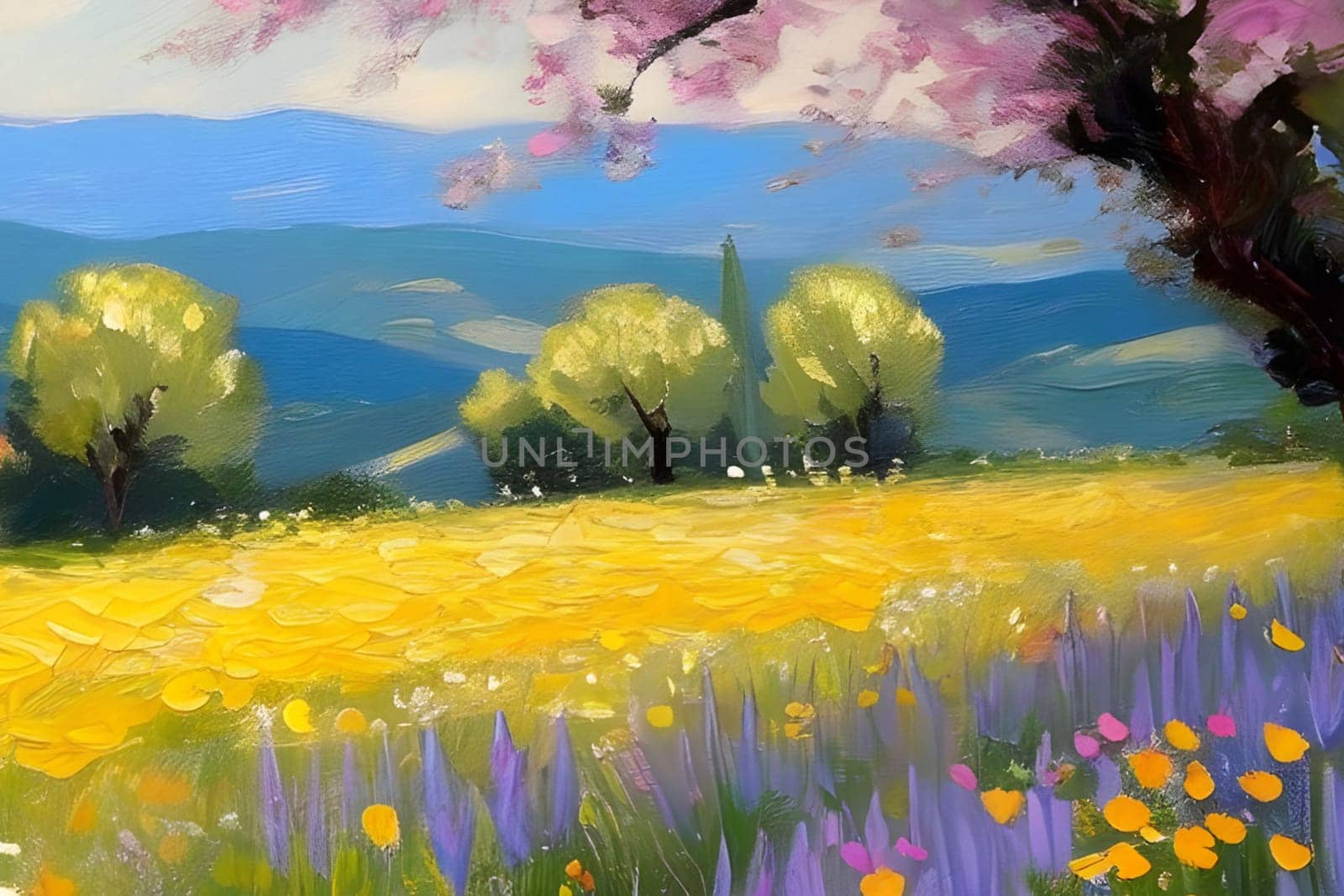spring nature meadow field yellow flowers green grass pink trees blue sky white clouds air blue sky beautiful landscape background. High quality photo alt summer day park travel sakura generated ai Province