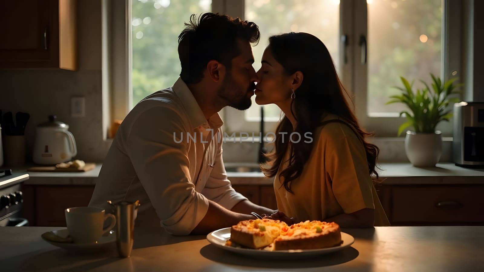 An Indian couple shares a sweet morning kiss in their kitchen, with heart-shaped toast and eggs setting a romantic tone. High quality photo