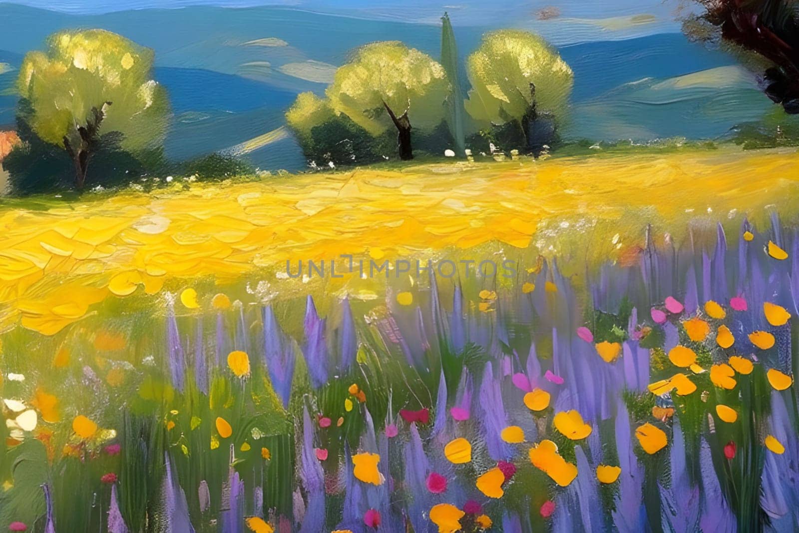 spring nature meadow field yellow flowers green grass pink trees blue sky white clouds air blue sky beautiful landscape background. High quality photo alt summer day park travel sakura generated ai Province