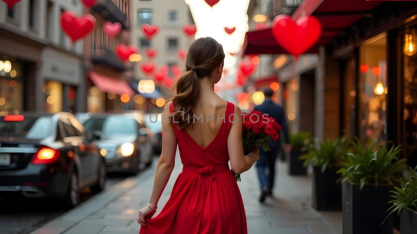 A woman in a flowing red dress walks through a festive city street, holding a bouquet of flowers and surrounded by holiday decorations. High quality photo