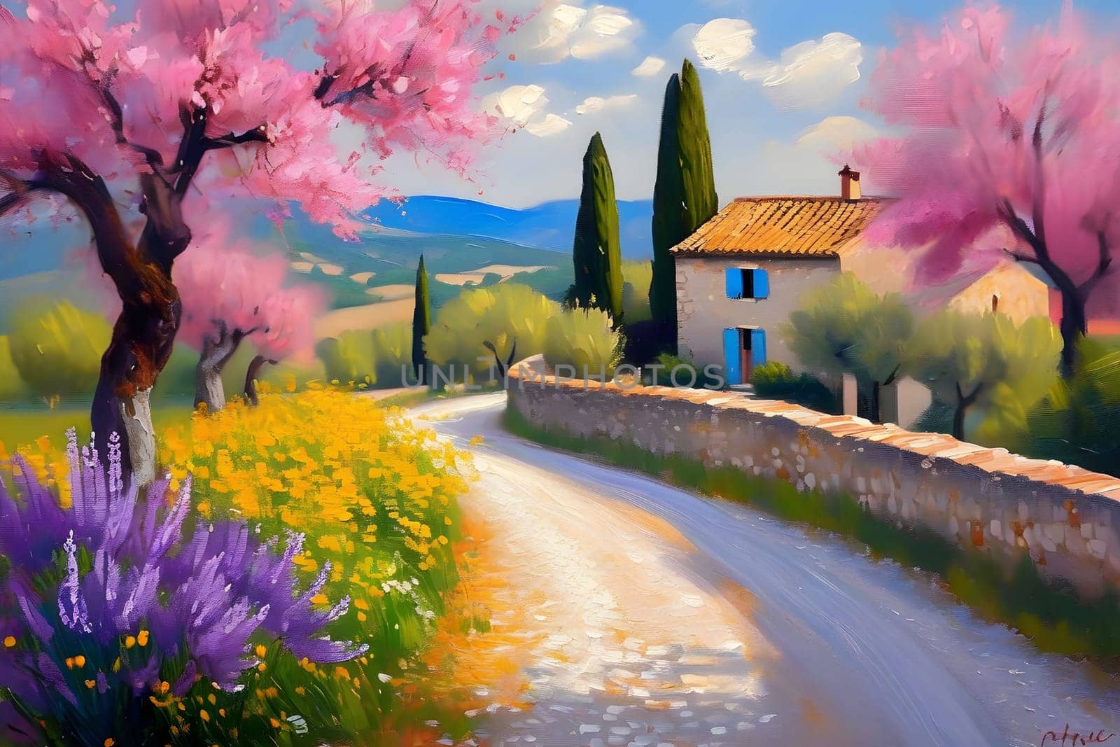 spring nature meadow field yellow flowers green grass pink trees blue sky white clouds air blue sky beautiful landscape background. High quality photo alt summer day park travel sakura generated ai Province