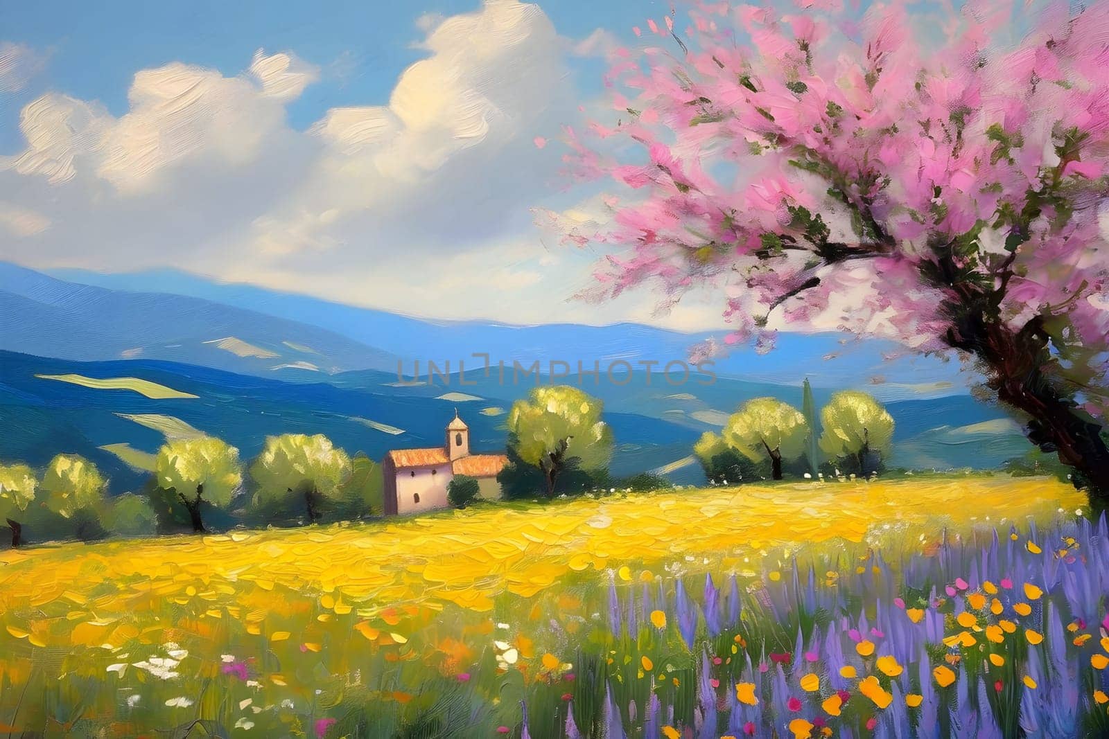spring nature meadow field yellow flowers green grass pink trees blue sky white clouds air blue sky beautiful landscape background. High quality photo alt summer day park travel sakura generated ai Province