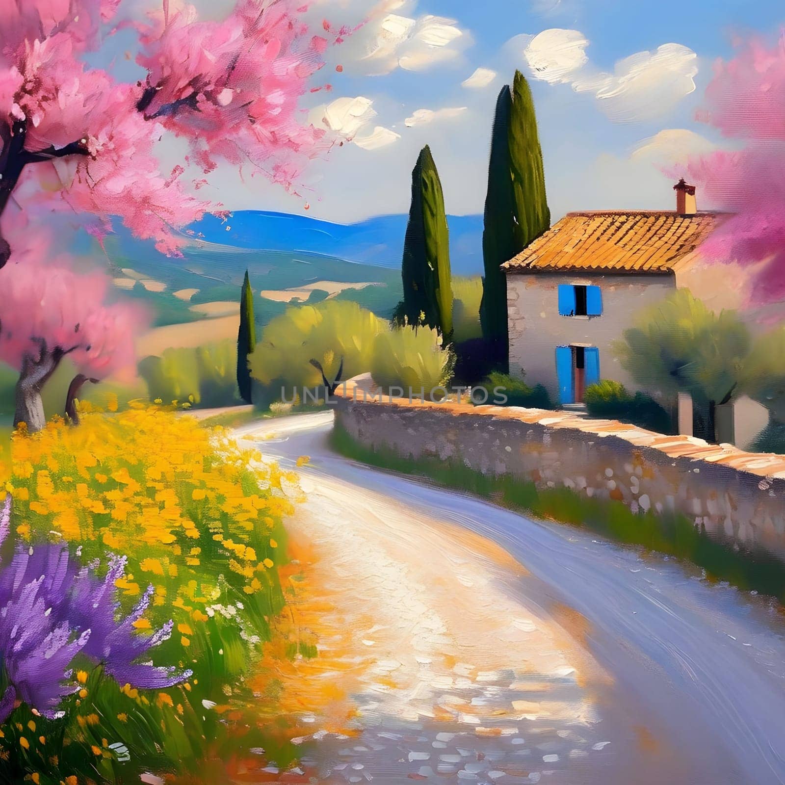 spring nature meadow field yellow flowers green grass pink trees blue sky white clouds air blue sky beautiful landscape background. High quality photo alt summer day park travel sakura generated ai Province