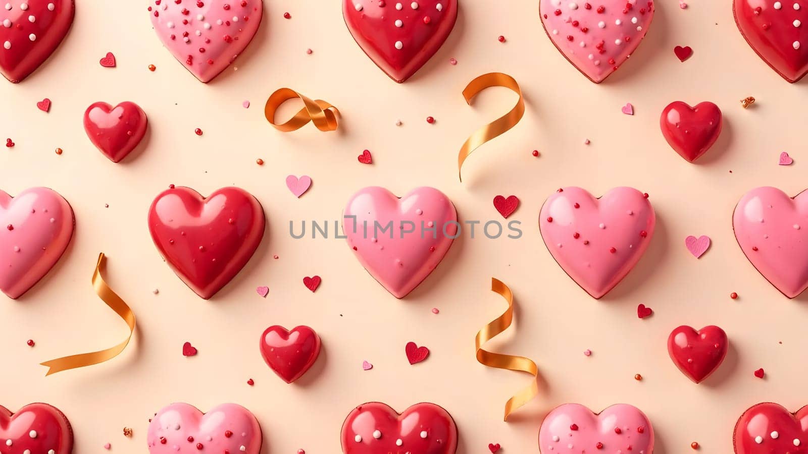 Heart-shaped treats and caramel ribbons arranged with uniform spacing on a soft beige or brown surface, perfect for creating a sweet and romantic texture. High quality photo