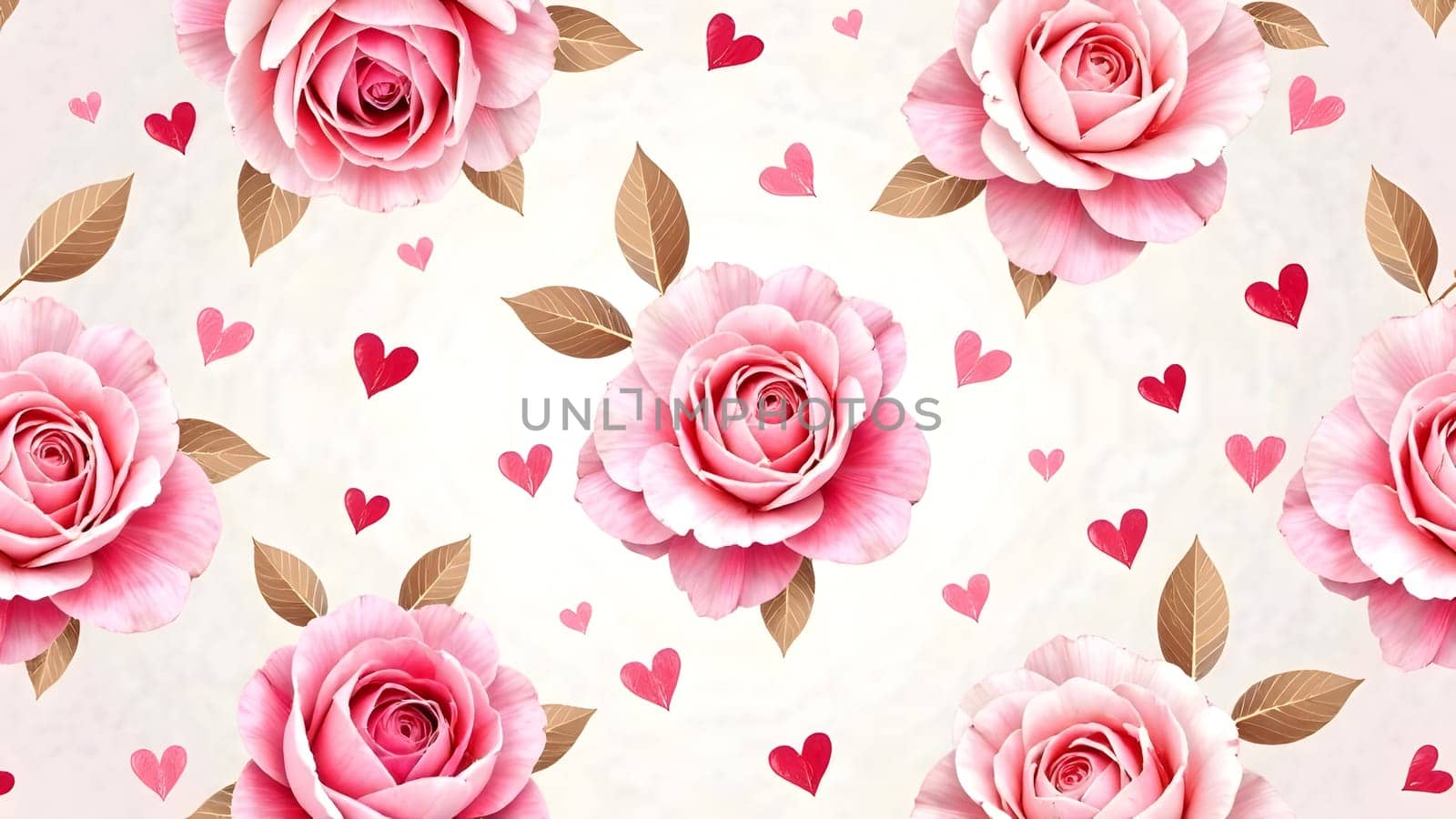 A romantic, symmetrical photo of delicate roses, peonies, and small hearts arranged on a soft pastel background with shades of pink, white, and red. High quality photo