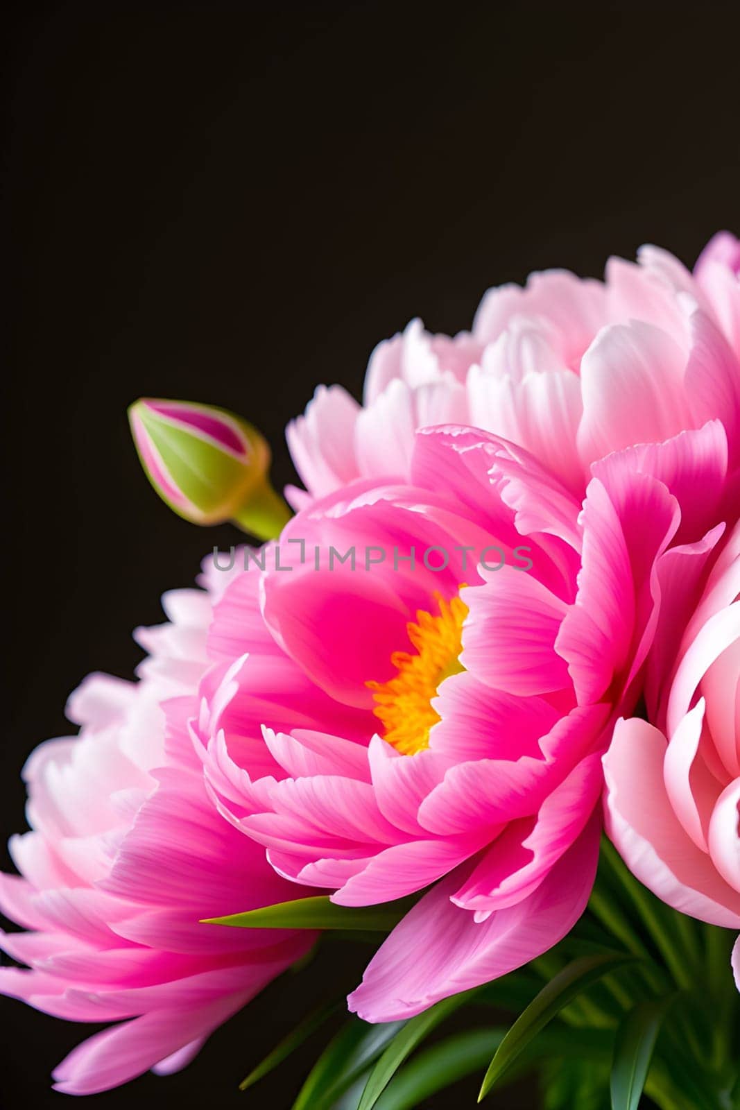 pink peonies flowers nature plants green leaves beautiful bouquet. High quality illustration generated ai alt