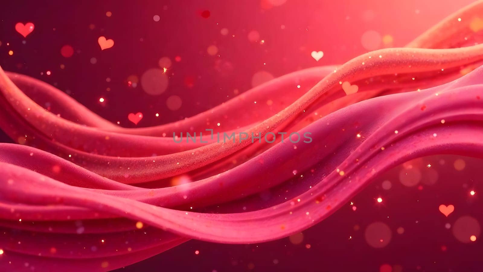 A dreamy composition of watercolor gradients in pinks, reds, and lavender, with shimmering golden touches and semi-transparent hearts for a graceful, artistic look. High quality photo
