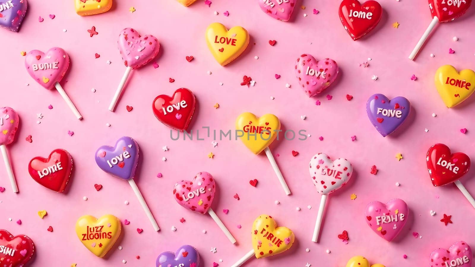 A playful photo of colorful candy hearts with romantic words, bright lollipops, and vibrant sprinkles arranged symmetrically on a pastel pink background. High quality photo
