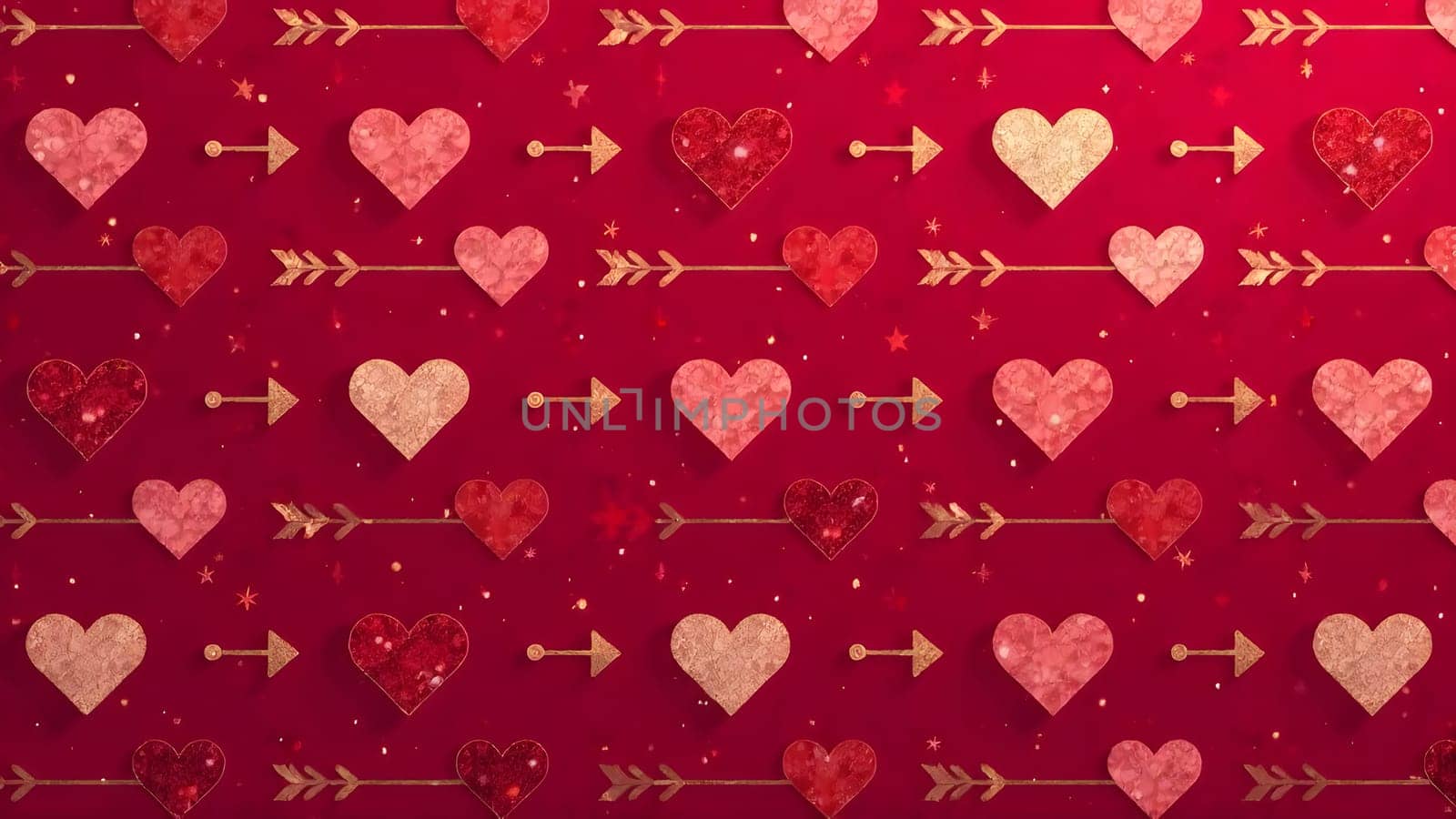 A photo featuring geometric hearts, arrows, and circles symmetrically arranged on a deep crimson background, accented with metallic gold and silver details. High quality photo