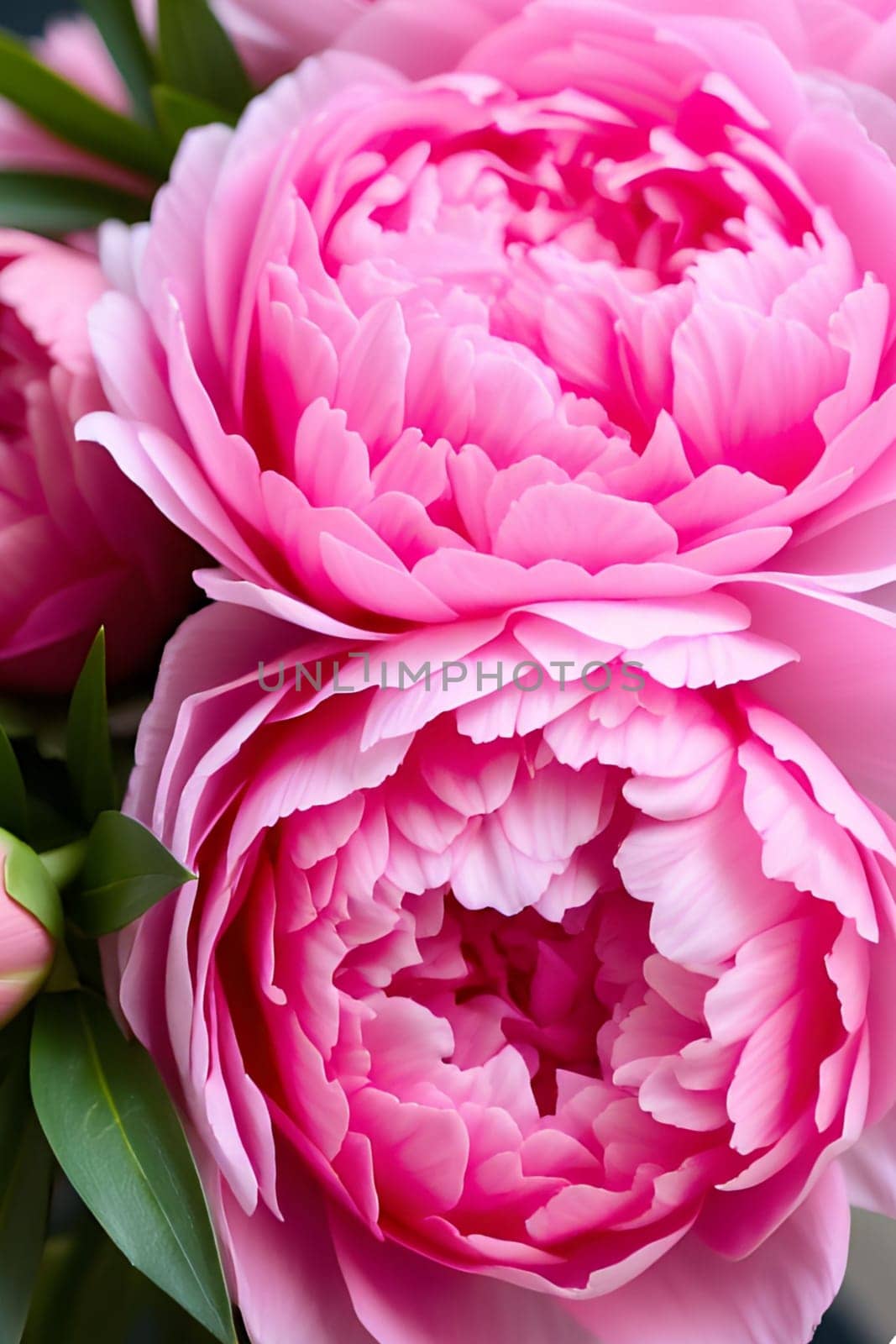 pink peonies flowers nature plants green leaves beautiful bouquet. High quality illustration generated ai alt