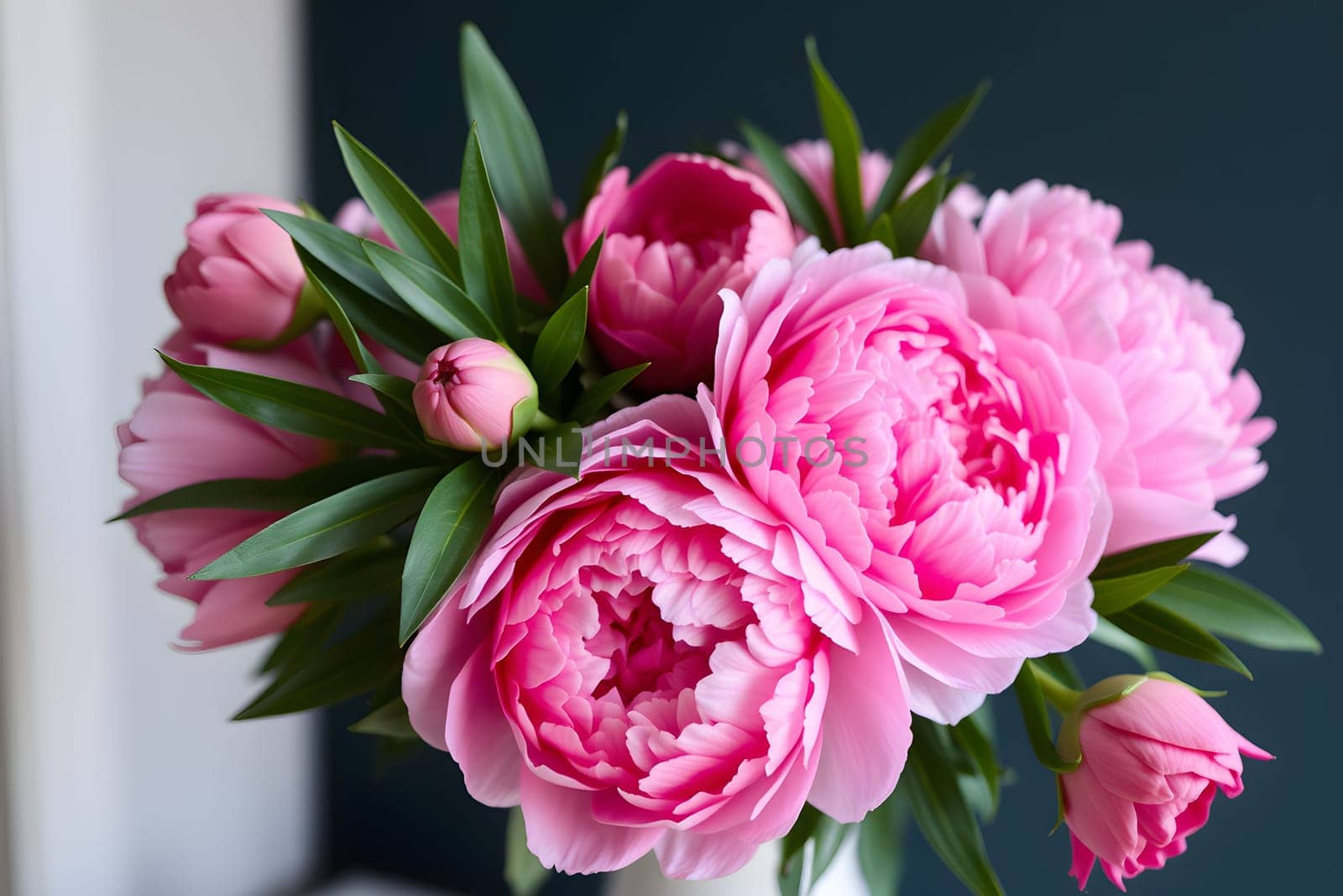 pink peonies flowers nature plants green leaves beautiful bouquet. High quality illustration generated ai alt