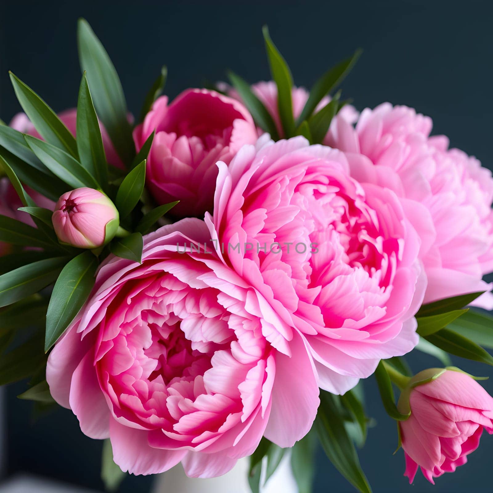 pink peonies flowers nature plants green leaves beautiful bouquet. High quality illustration generated ai alt
