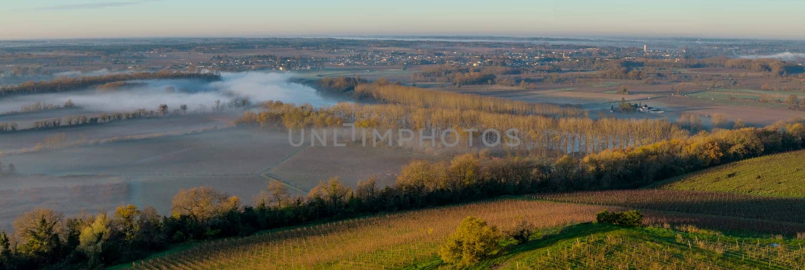 France, Gironde, Langoiran, Aerial view of Premieres Cotes de Bordeaux vineyard in Entre-Deux-Mers, Bordeaux vineyard at sunrise with fog over the Garonne river. High quality photo