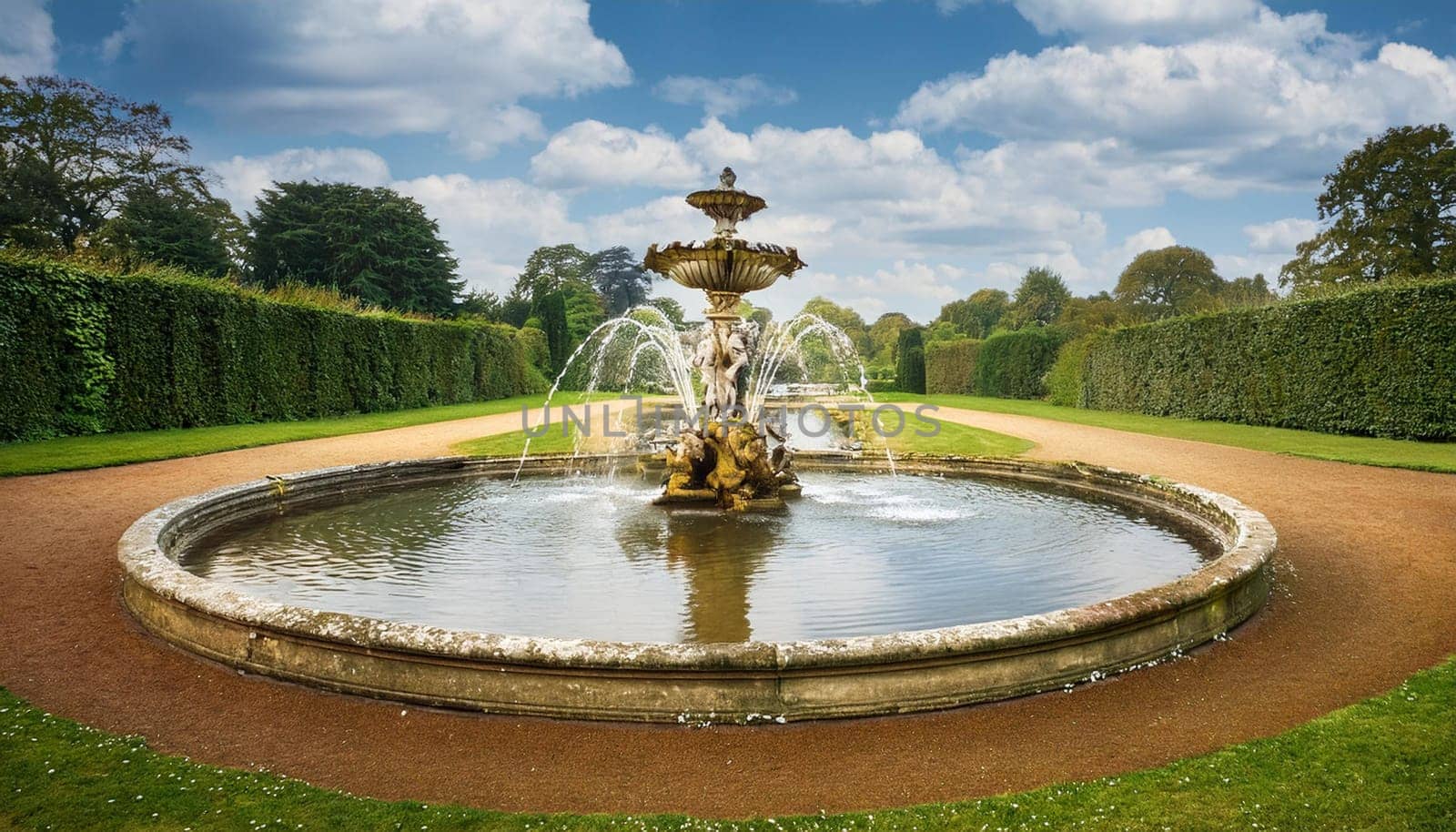 ancient baroque fountain in garden park, AI generated image