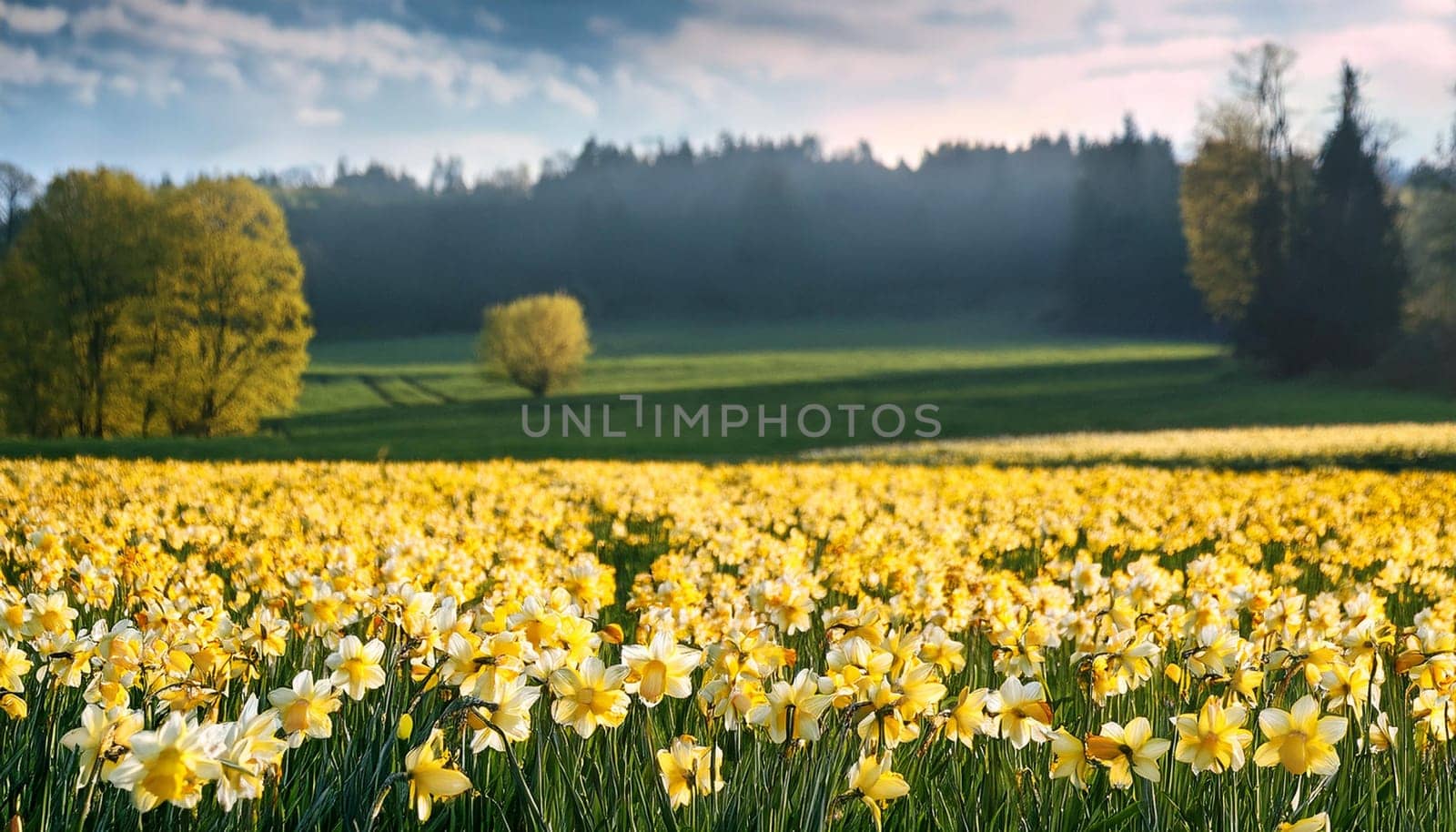 field of barley daffodyls flowers background, AI generated image