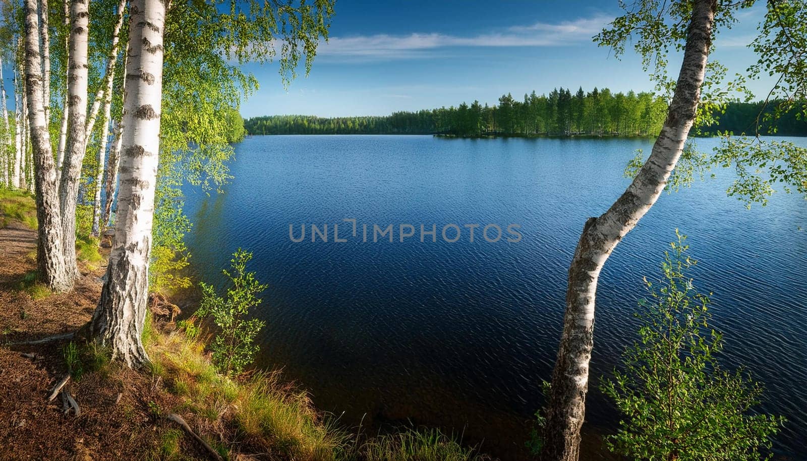 finnish lake panorama with birch trees, AI generated image