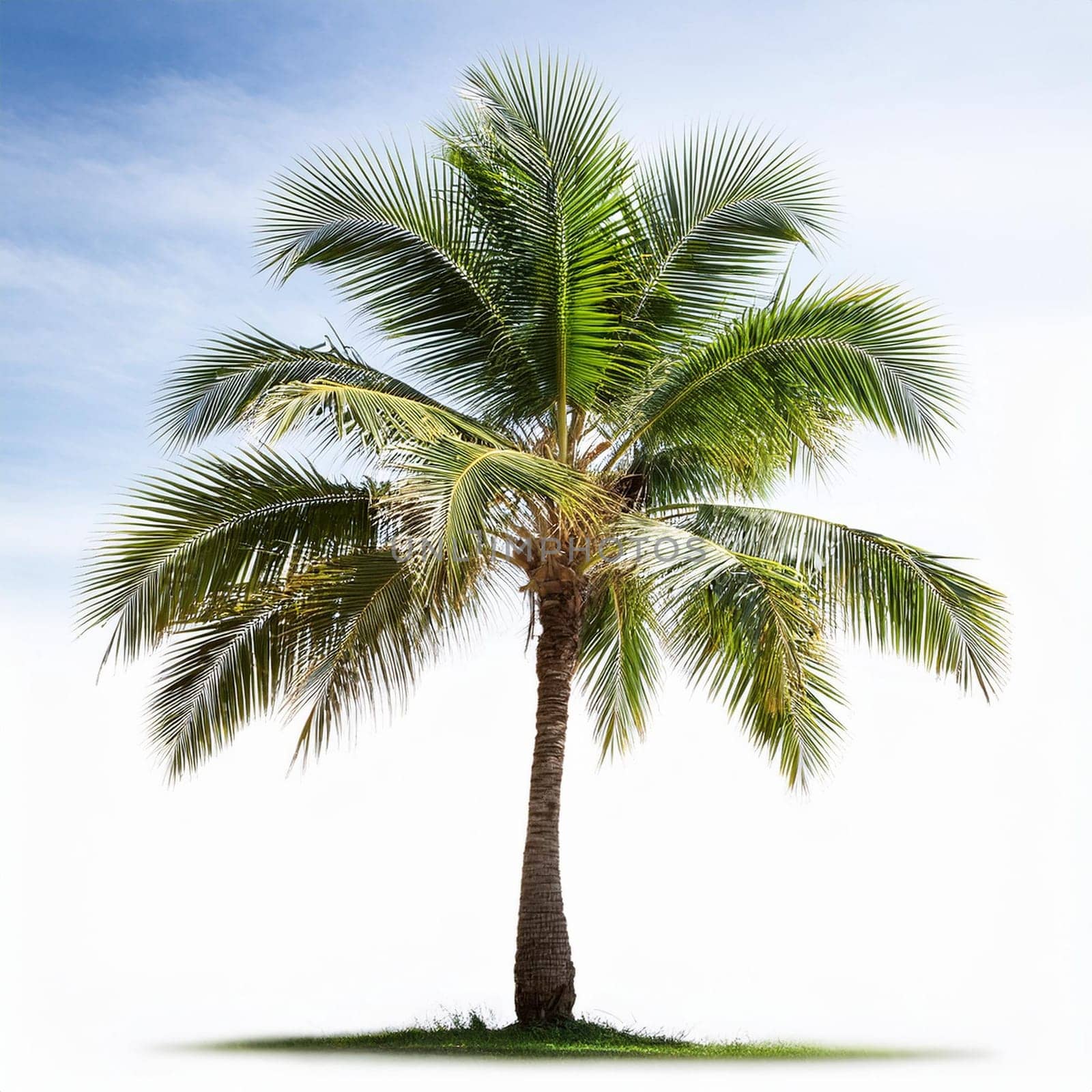 palm tree over white background and blue sky, AI generated image