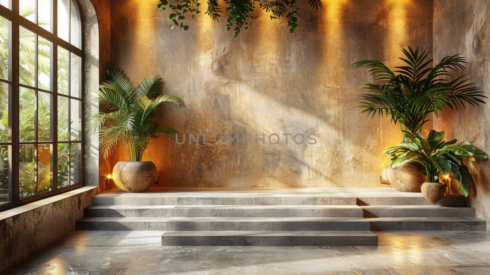This serene interior features a spacious area with elegant stone steps, adorned with vibrant potted plants. Soft natural light filters through large windows, creating a warm ambiance.